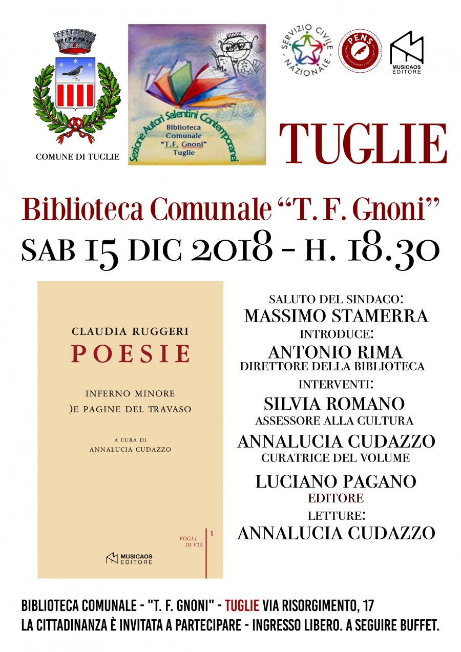 Presentazione del volume &quot;Poesie. inferno minore. )e pagine del travaso&quot; di Claudia Ruggeri